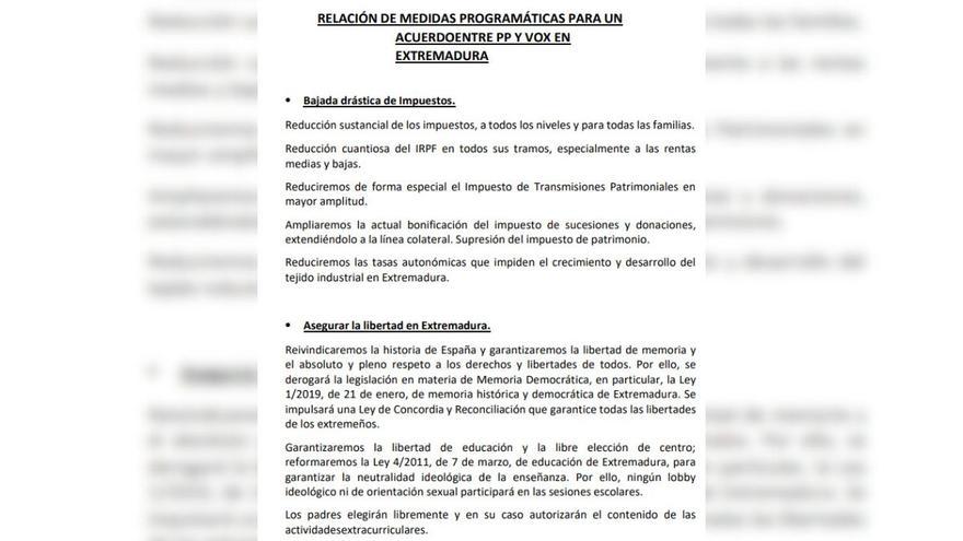 Listado de las medidas programáticas que pide Vox al PP extremeño