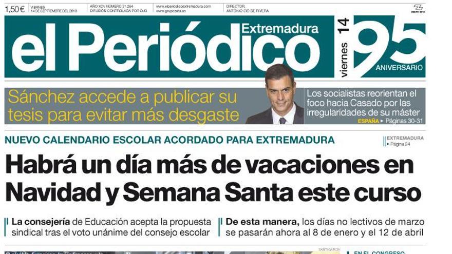 Esta es la portada de EL PERIÓDICO EXTREMADURA correspondiente al día 14 de septiembre del 2018