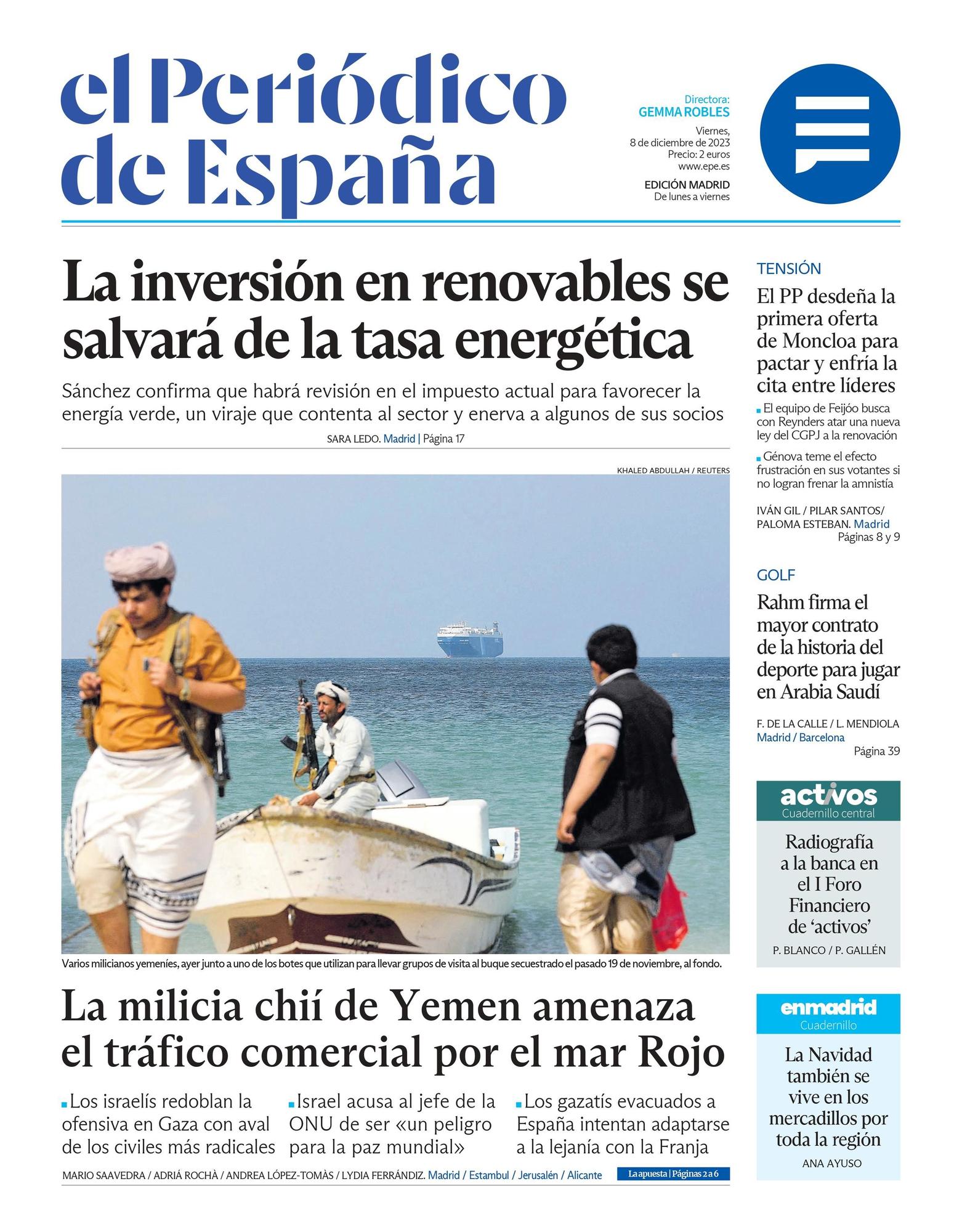 Portada de EL PERIÓDICO DE ESPAÑA del viernes 8 de diciembre del 2023.