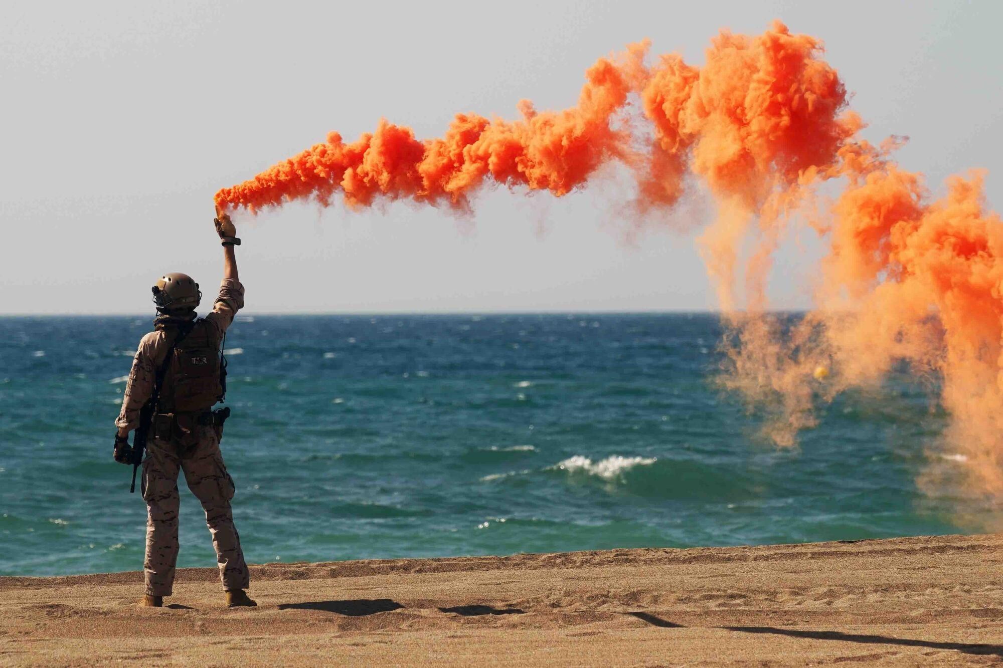Exhibición dinámica de un desembarco anfibio de La Armada, donde aviones, helicópteros, Infantes de Marina, embarcaciones rápidas y lanchas de desembarco actúan en un escenario simulado de rescate de rehenes