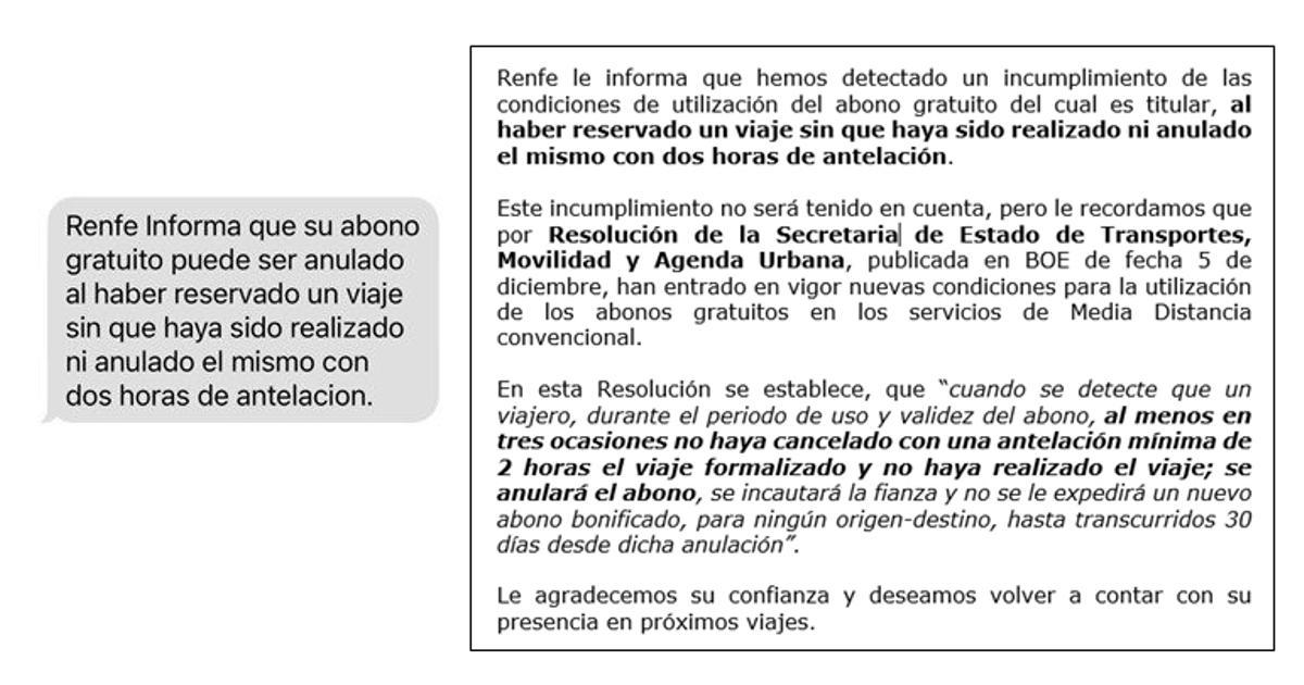 A la izquierda, el aviso que se enviará por SMS, y a la derecha el que se mandará por correo electrónico