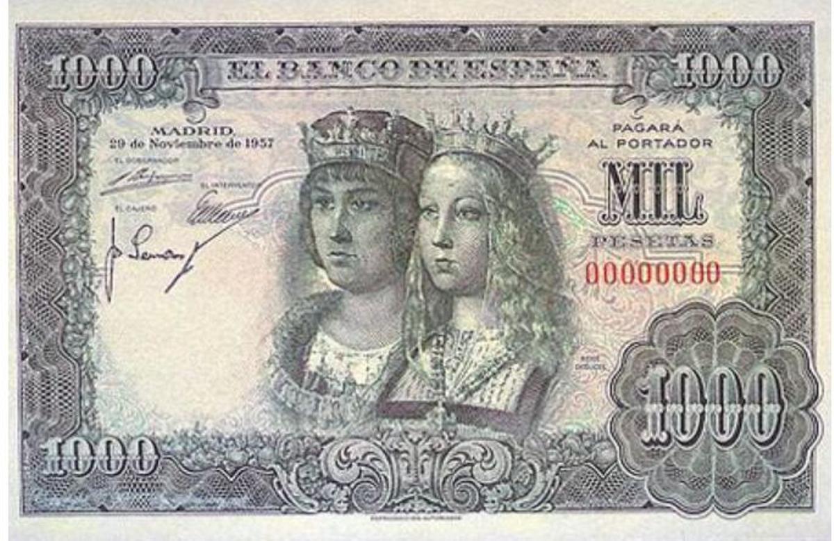 Billete de mil pesetas con los retratos de los reyes Católicos