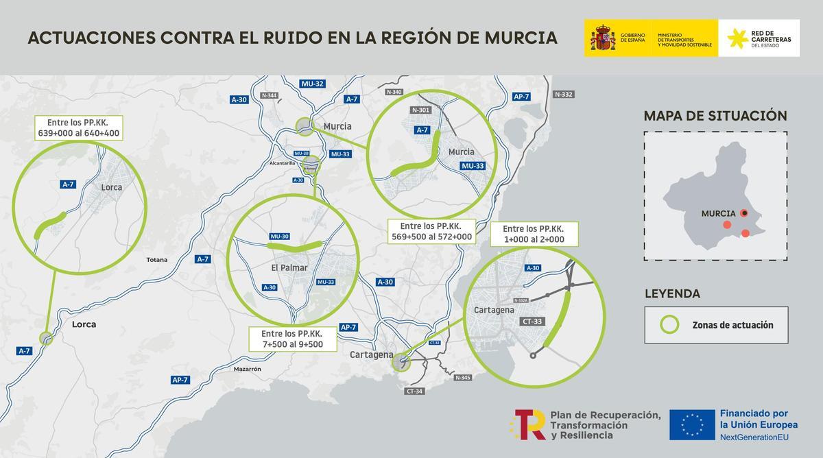 Zonas de actuación contra el ruido en la Región de Murcia.
