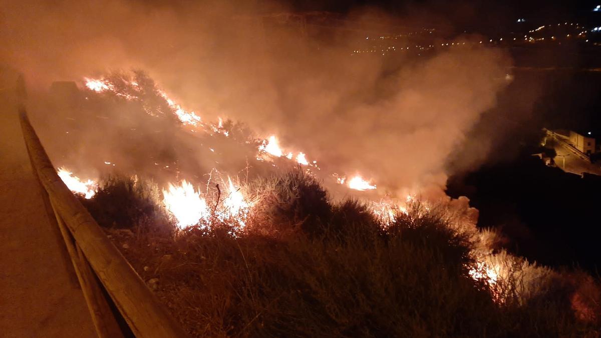 Las llamas ocupaban parte de la ladera del Castillo junto a la carretera de Circunvalación a la alcazaba, este viernes.