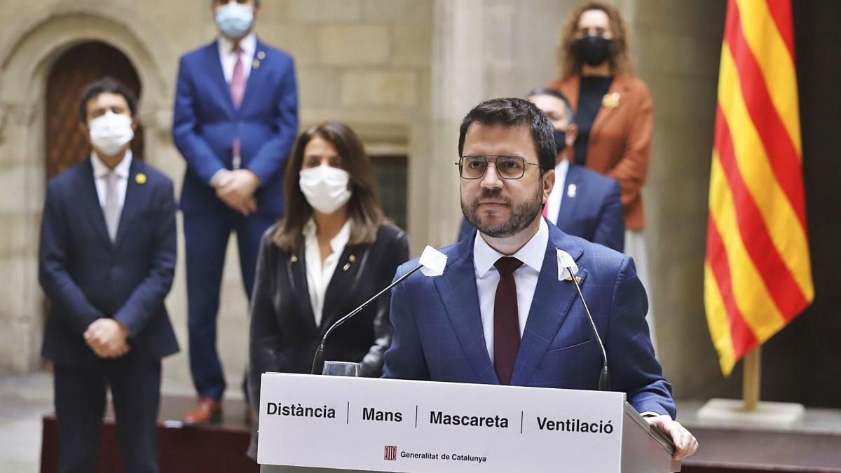 Pere Aragonès durant la comparaixença que va fer ahir al Palau de la Generalitat.