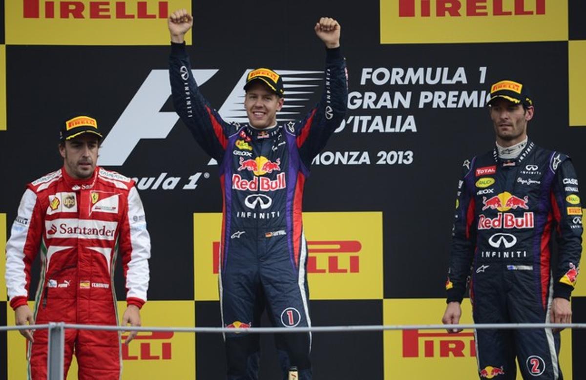 Vettel celebra el seu triomf al circuit de Monza, el GP d’Itàlia, i es distancia així en la general del Mundial del seu perseguidor, Fernando Alonso. Vettel celebra el seu triomf al circuit de Monza, el GP d’Itàlia, i es distancia així en la general del Mundial del seu perseguidor, Fernando Alonso.