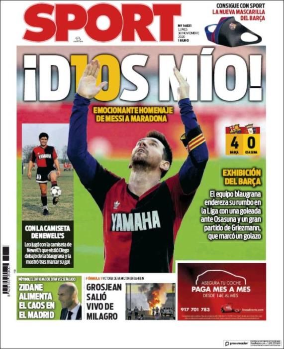 Portada SPORT lunes 30 noviembre 2020