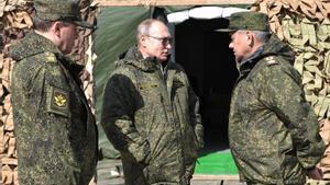 Archivo - El presidente de Rusia, Vladimir Putin (c), junto al exministro de Defensa, Sergei Shoigu (d), y el jefe del Estado Mayor de las FFAA, Valeri Gerasimov (i), en una base militar cerca de Orenburgo (archivo)