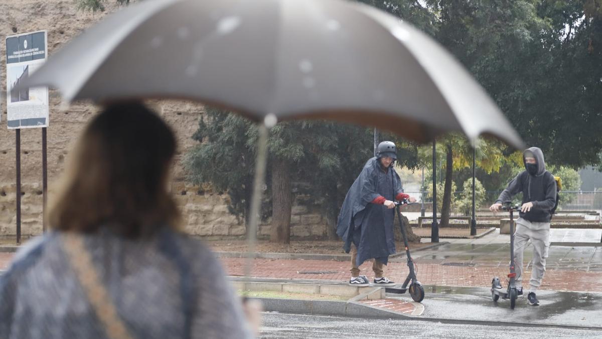 Varias personas se protegen con paraguas y chubasqueros de la lluvia en Córdoba.