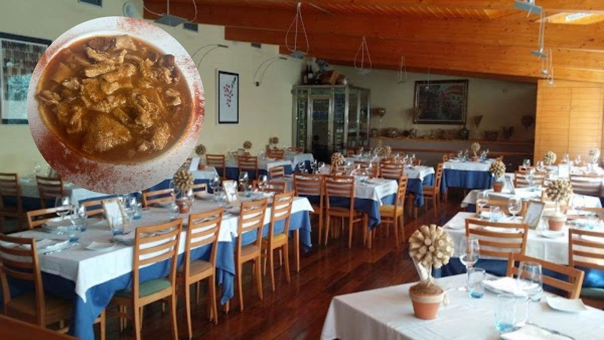 El comedor del restaurante y en el círculo el plato de los callos
