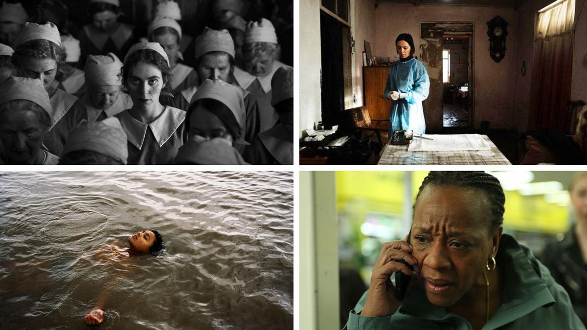 De arriba a abajo y de izquierda a derecha: fotogramas de las películas 'The girl with the needle', 'April', 'Bird' y 'Hard Truths'