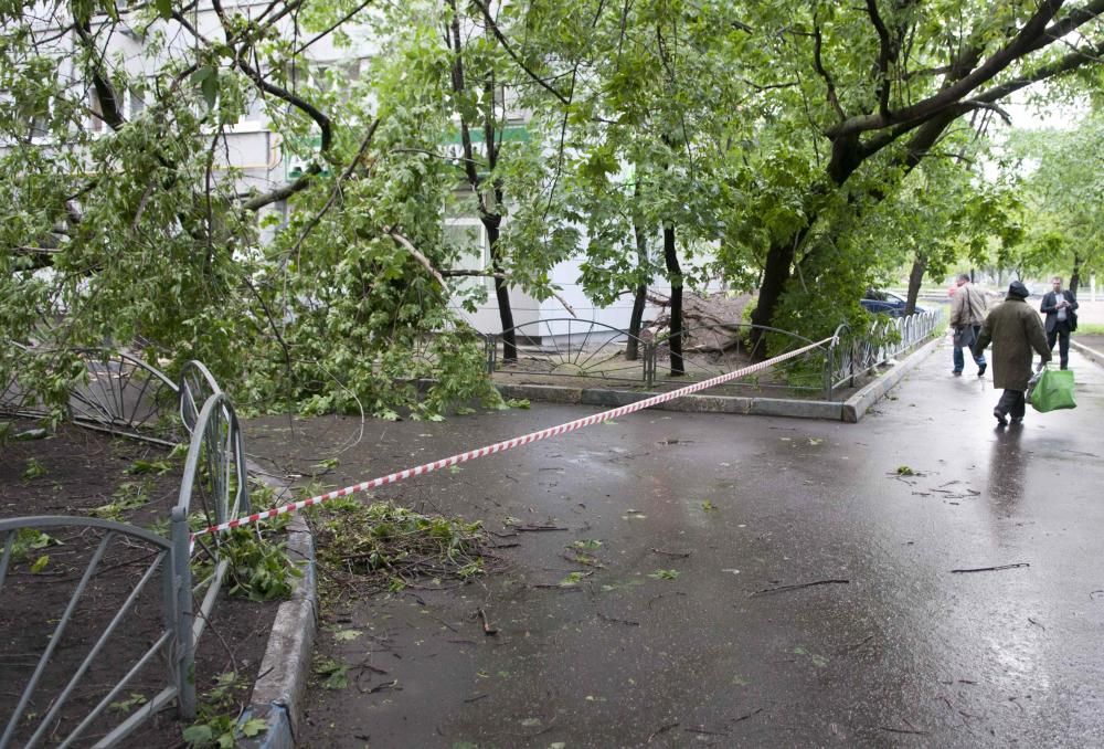 Un fuerte temporal de lluvia y vientos huracanados causó hoy la muerte de al menos once personas en Moscú, casi todos por caídas de árboles.