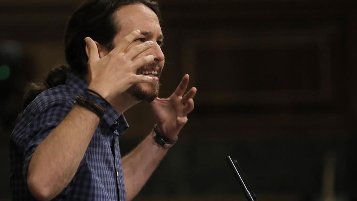 Pablo Igleias interviene desde la tribuna de oradores del Congreso de los Diputados, el pasado 27 de septiembre.