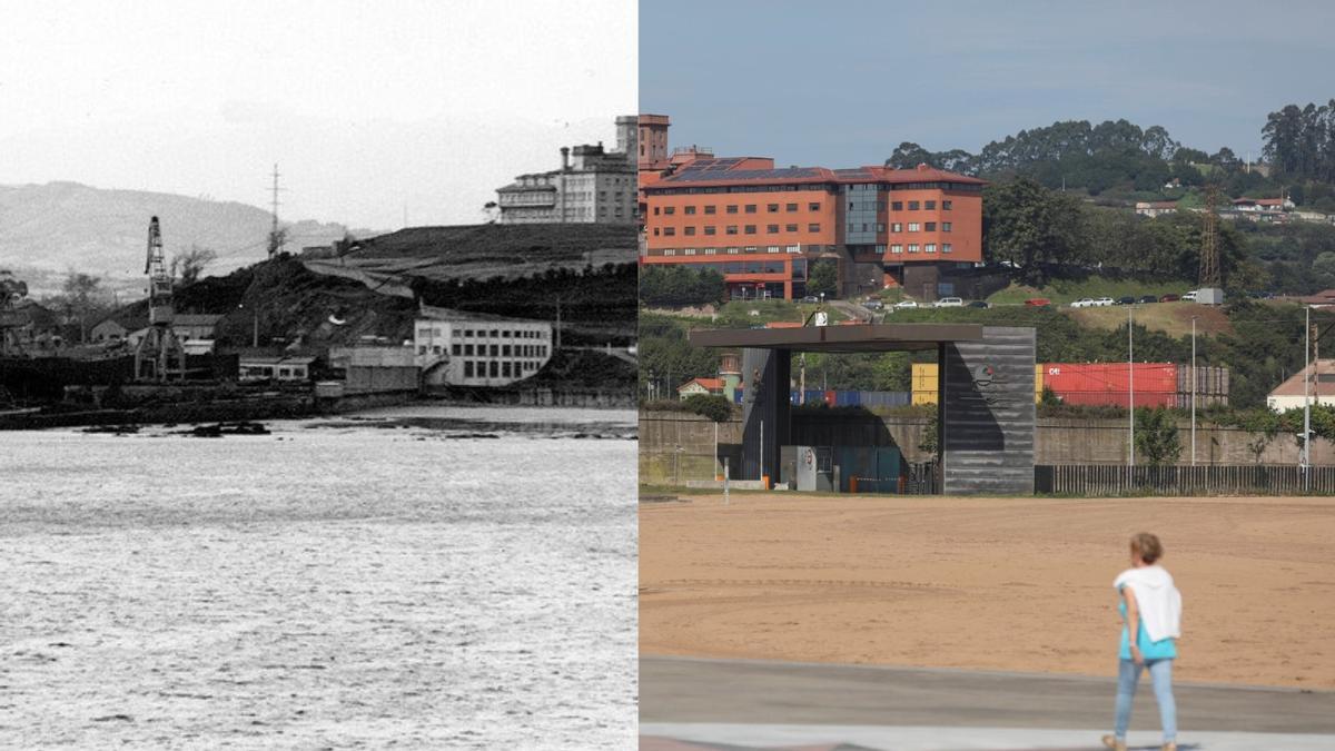 Vista del Hospital de Jove desde el Arbeyal en 1965, a la izquierda, y en la actualidad.