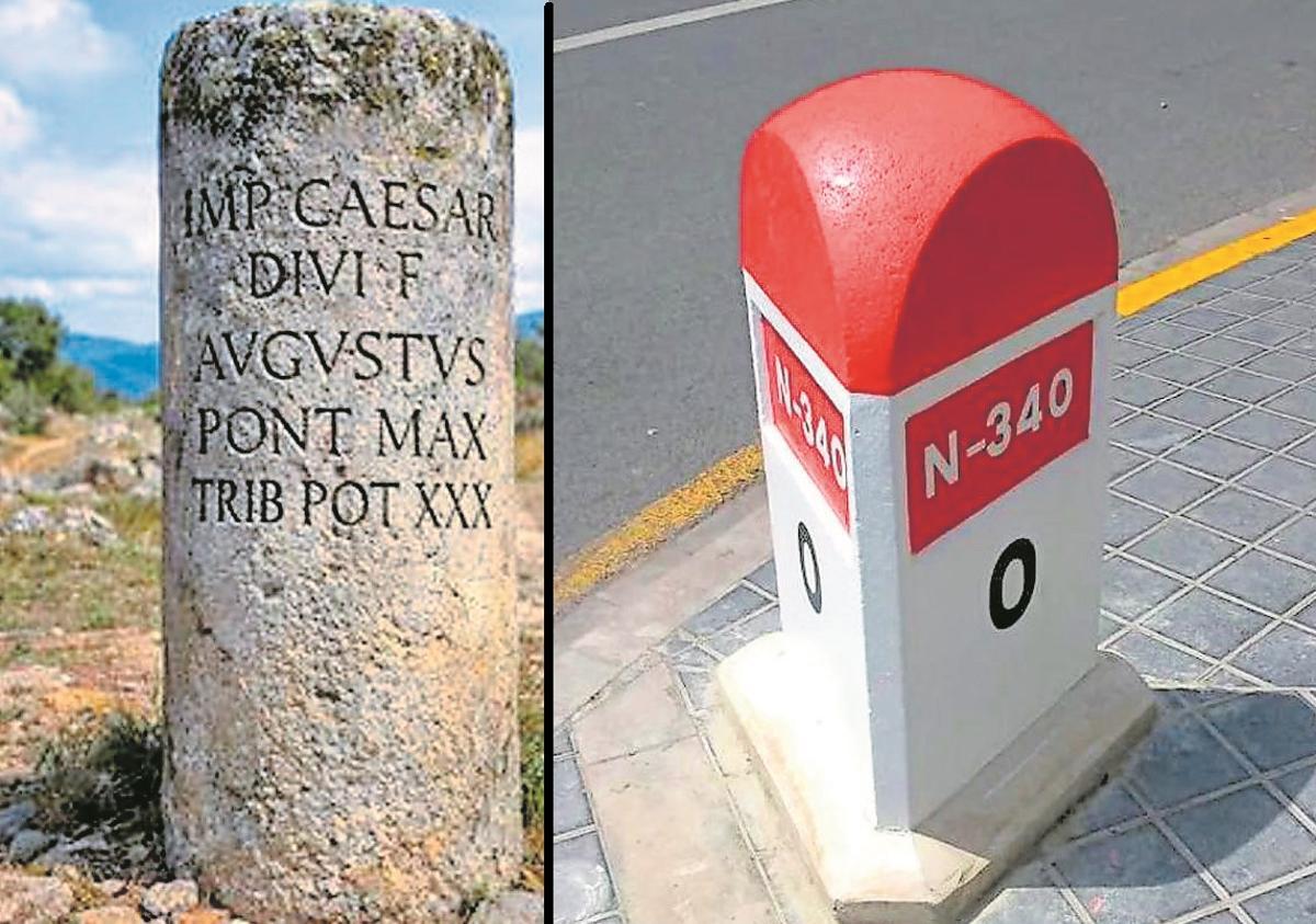 Miliario construido durante el Imperio Romano (a la izquierda) y Mojón en la carretera nacional 340 (derecha)