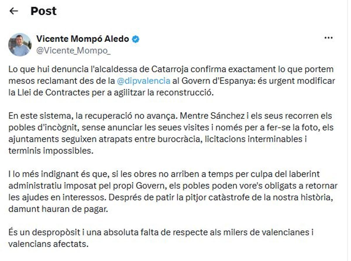 El post de Vicente Mompó en X.