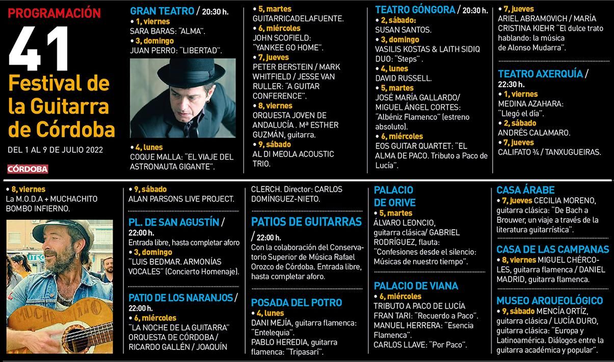 FESTIVAL DE LA GUITARRA DE CÓRDOBA 2022 | Al Di Meola, Alan Parsons,  Calamaro, Tanxugueiras, Coque Malla, Sara Baras y Medina Azahara, en el  cartel del certamen cordobés