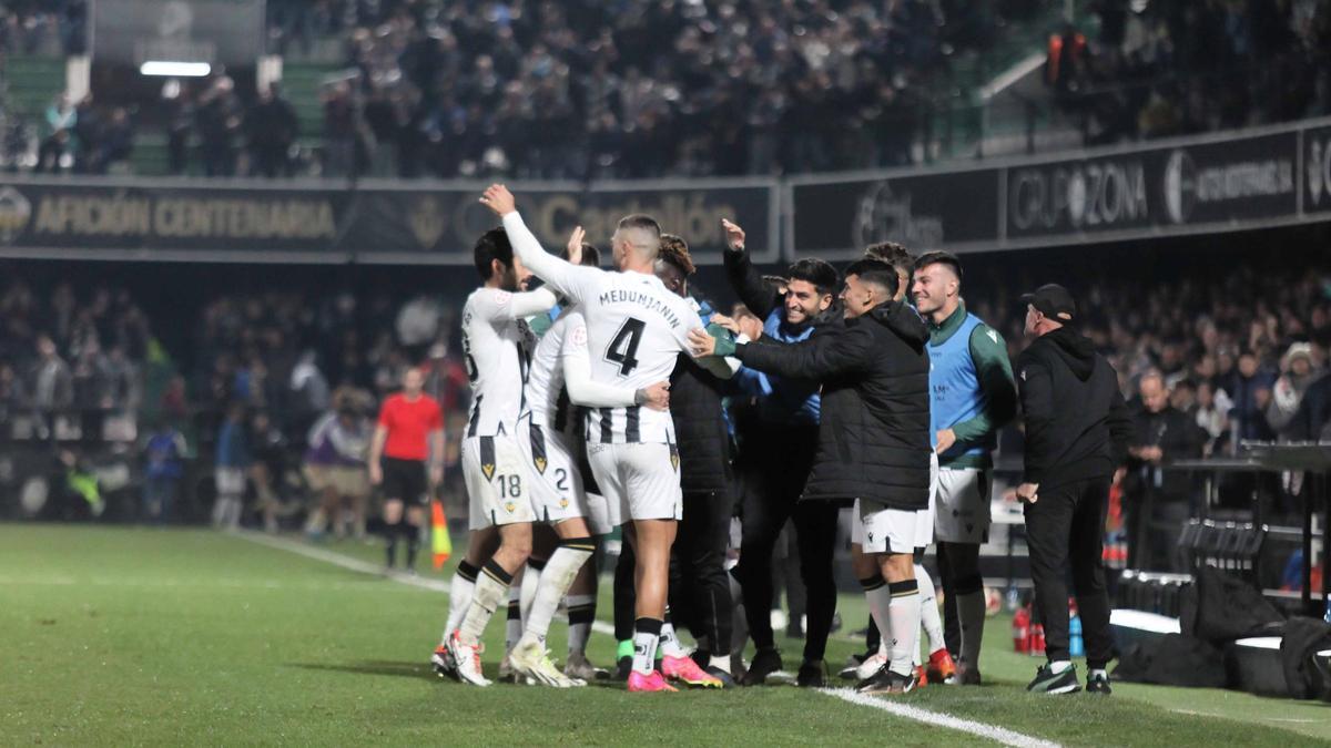 Los futbolistas albinegros celebran uno de los goles al Murcia en el último partido de Liga en el Estadio Castalia.
