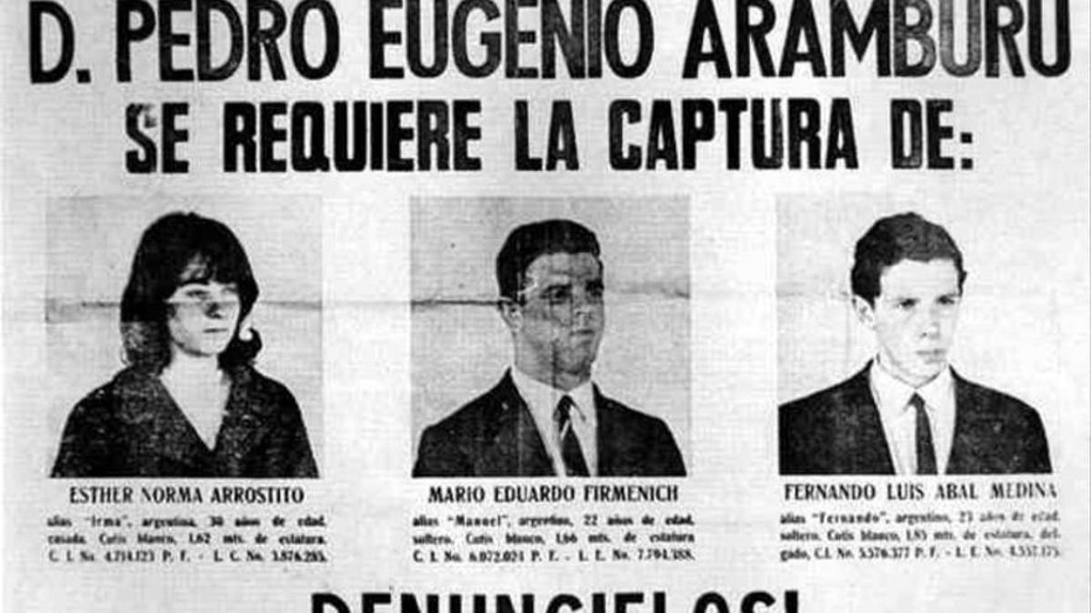Cartel de busca y captura a militantes Montoneros por el secuestro del general Aramburu. La mujer de la izda. es Esther Norma Arrostito.