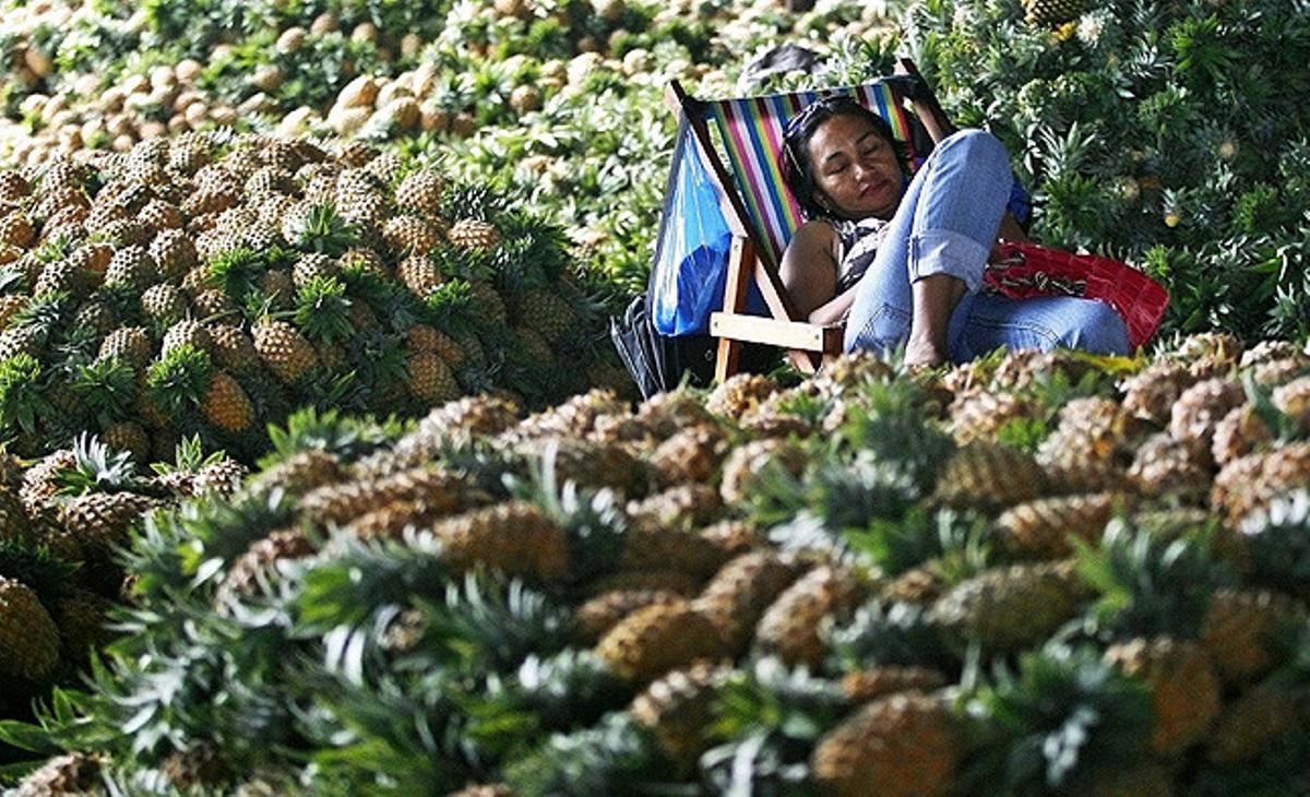 Una venedora de fruita descansa en un mercat públic envoltat de pinyes a Manila (Filipines).