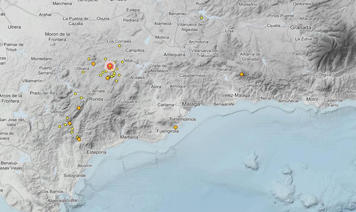 Mapa con los últimos terremotos registrados en la provincia de Málaga y entorno-