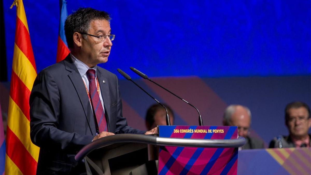 Bartomeu, durante su intervención en el 38º Congreso Mundial de Peñas del FC Barcelona