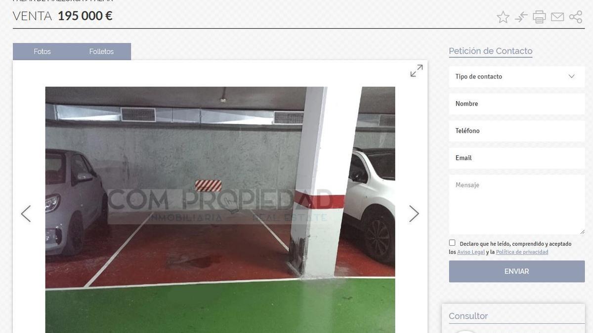 Plaza de garaje que se vende a 195.000 euros en Palma.