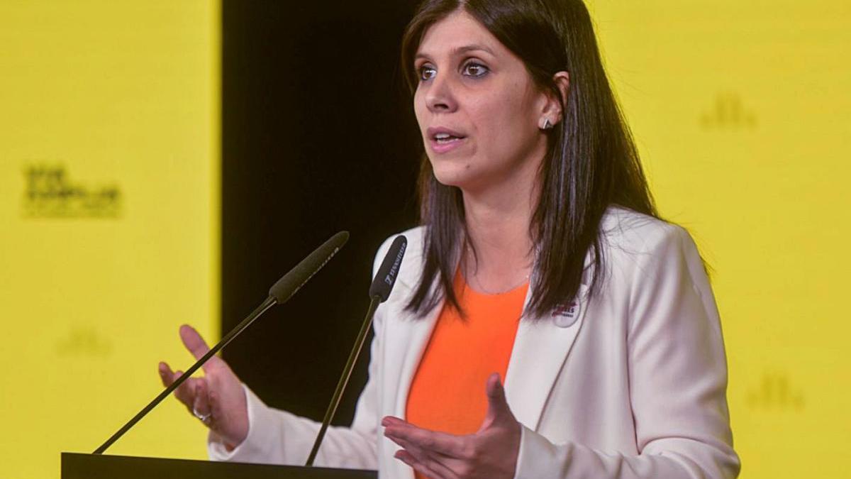 La portaveu d&#039;ERC, Marta Vilalta, en roda de premsa a la seu del partit ahir