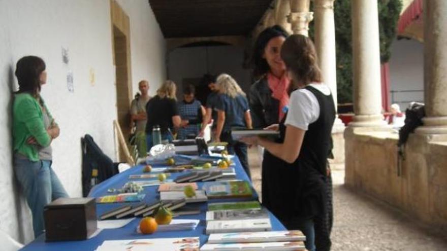 Un puesto con libros de educación holística, ayer.