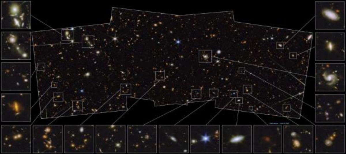 El proyecto PEARLS ha capturado gracias al JWST una de las primeras imágenes de campo amplio y profundidad media del cosmos. La misma presenta galaxias interactuando con núcleos activos.