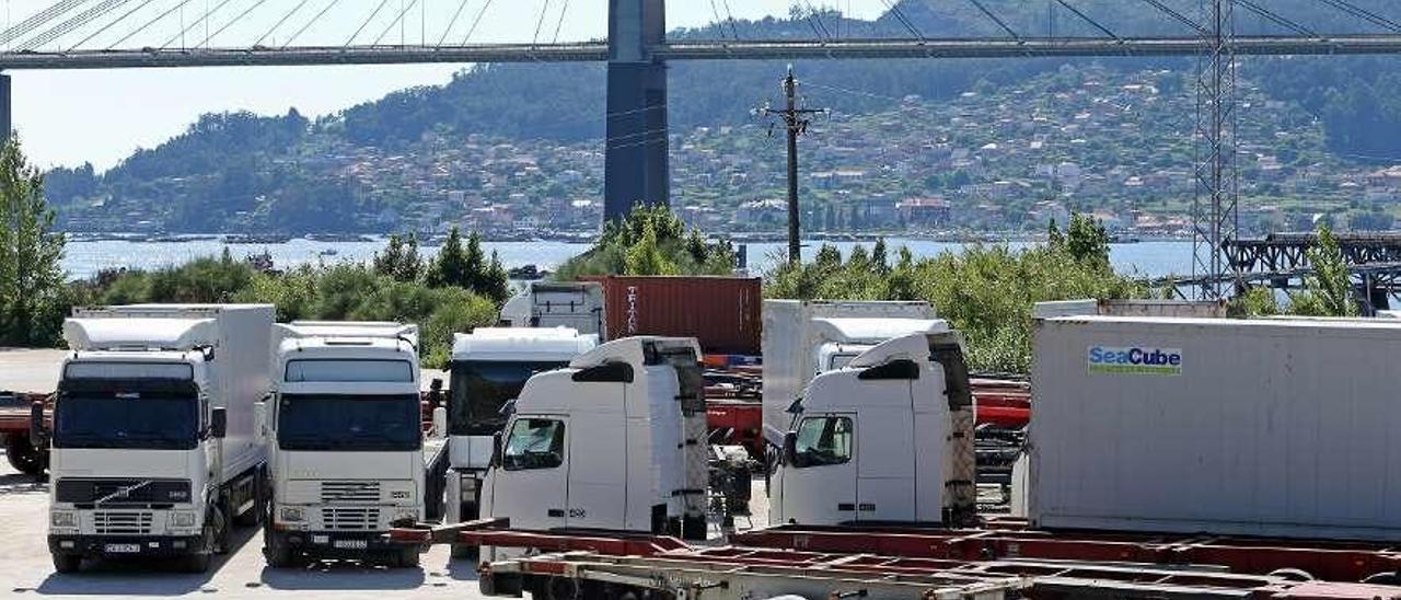 Varios camiones aparcados en terrenos habilitados por la Autoridad Portuaria de Vigo. // Marta G. Brea
