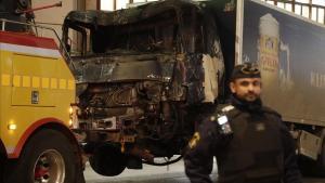 El camión utilizado en el atentado de Estocolmo.