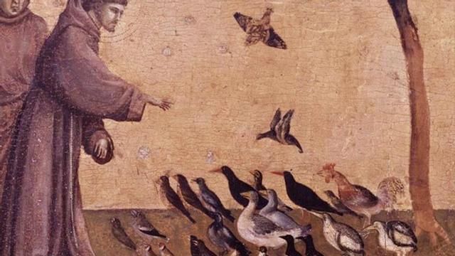Grabado que representa a san Francisco de Asís dando de comer a las aves. |