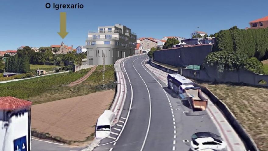 Recreación de uno de los edificios previstos, con la iglesia de Oseiro al fondo. |  LOC