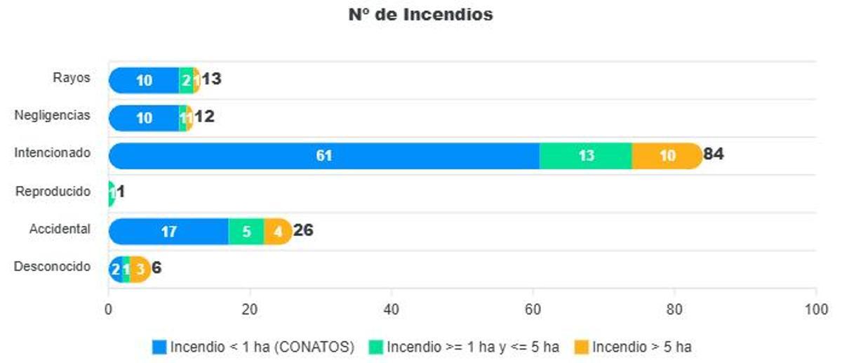 Número y causas de incendios forestales en Zamora del 1 de enero al 18 de agosto de 2026