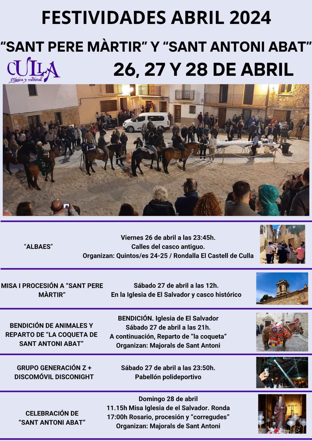 Programa de los actos por Sant Pere Màrtir y Sant Antoni Abat en Culla.