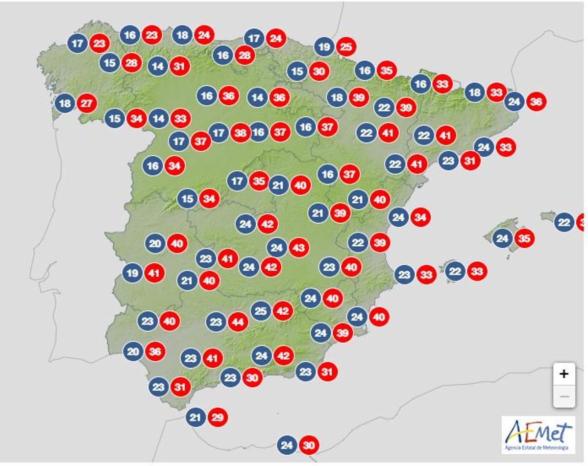 Máximas y mínimas previstas por AEMET para este viernes 19