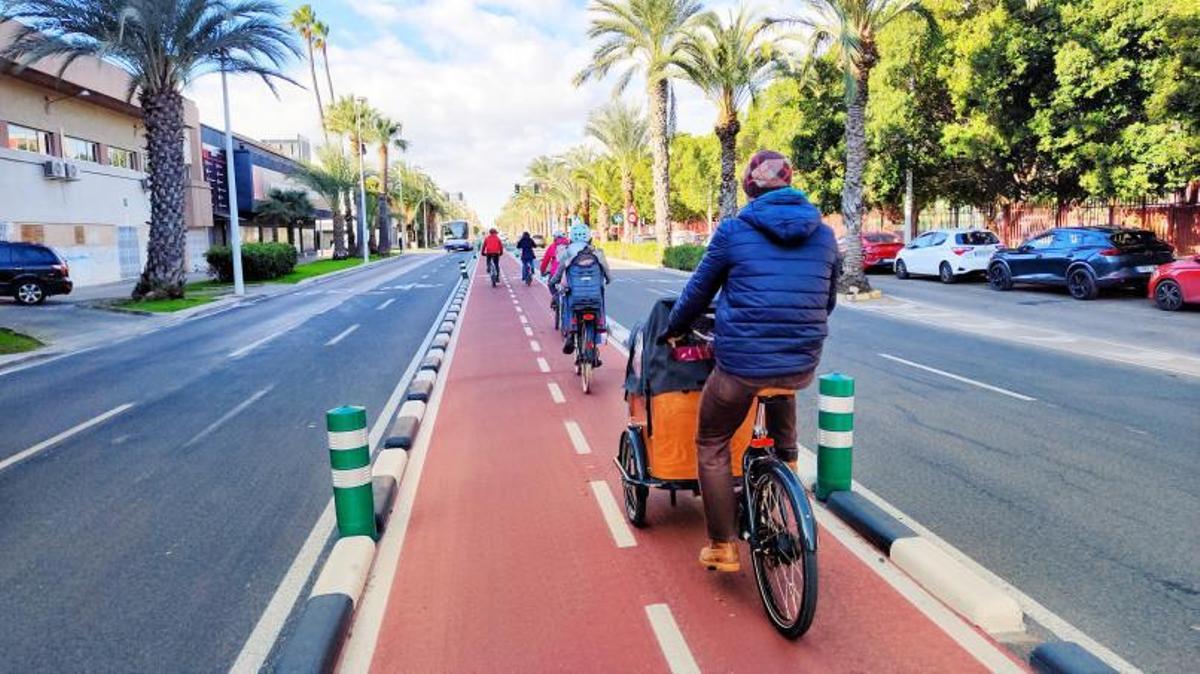 Familias circulando por el carril bici de la avenida de Alicante este invierno. | INFORMACIÓN