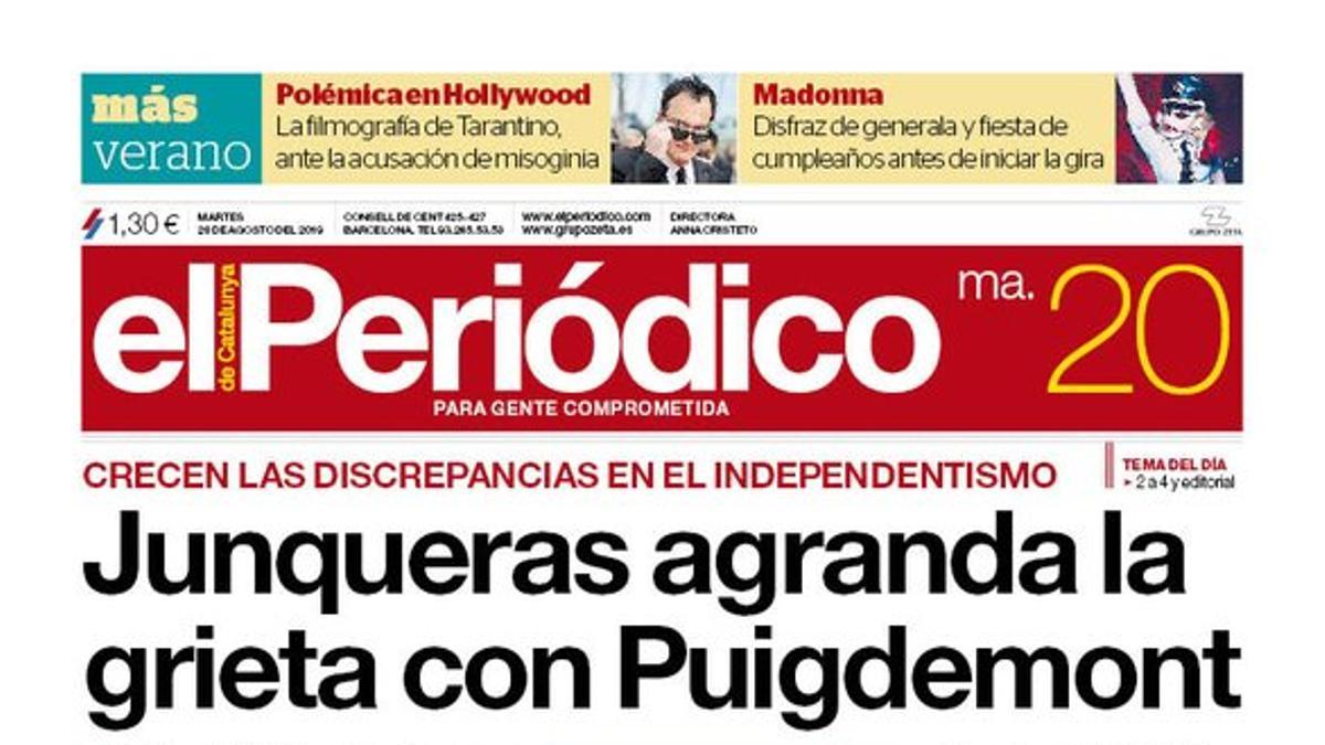 La portada de EL PERIÓDICO del 20 de agosto del 2019