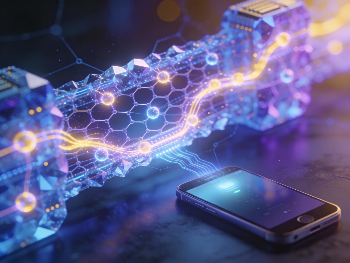 Visualización conceptual de un chip computacional basado en iones con procesamiento inspirado en el cerebro para una IA eficiente.