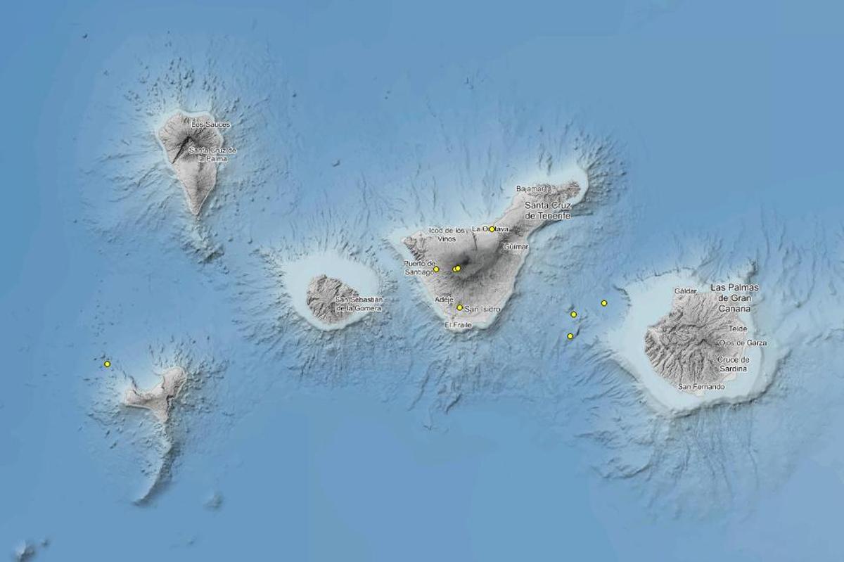 Mapa con la señalización de los terremotos de los últimos días.