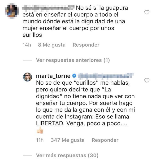 Comentario de Marta Torné a una seguidora en Instagram