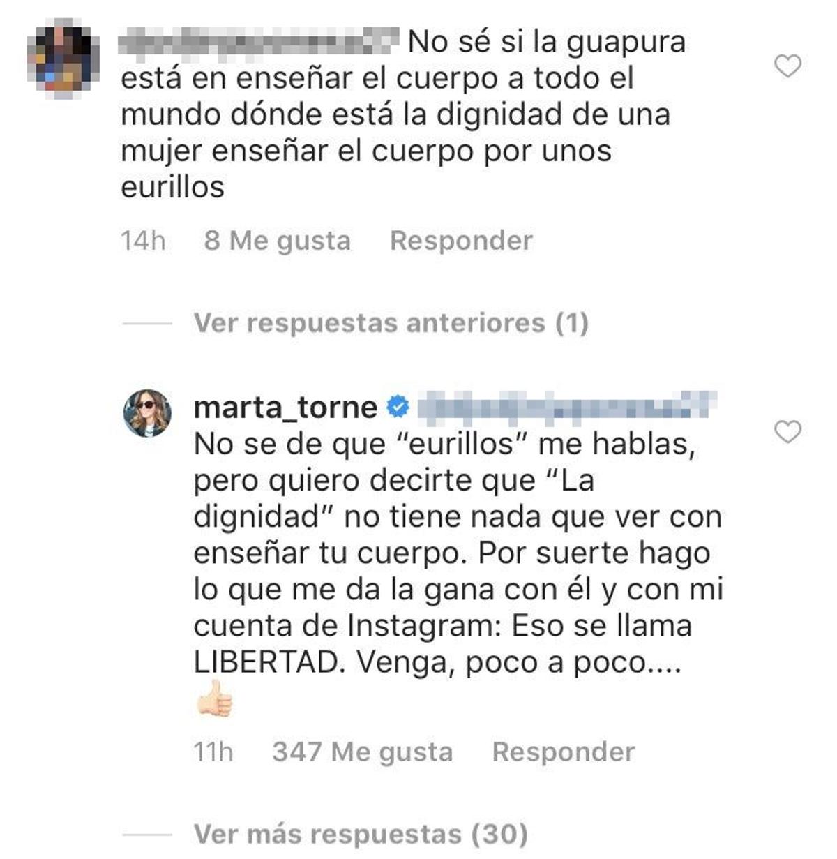 Comentario de Marta Torné a una seguidora en Instagram