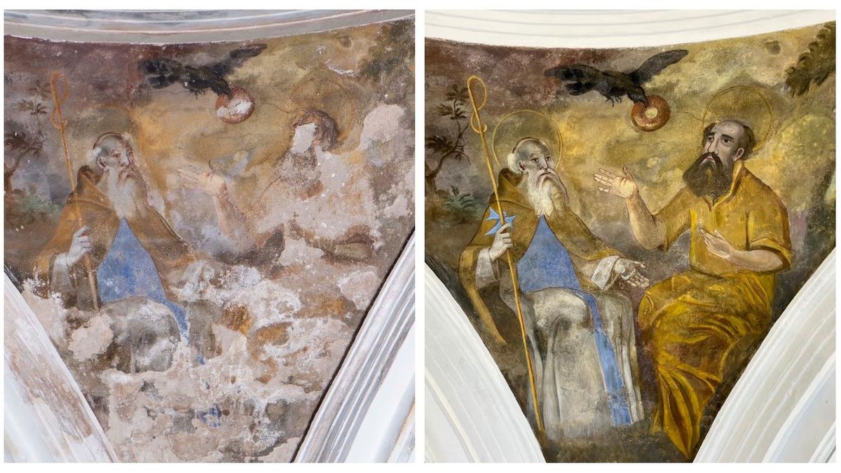 Antes y después de una de las pechinas restauradas.