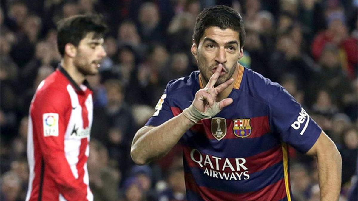 Luis Suárez celebra los goles con el FC Barcelona