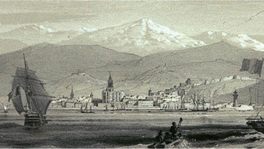 Arriba, la imagen muestra la Málaga del XIX vista por d´Hastrel.