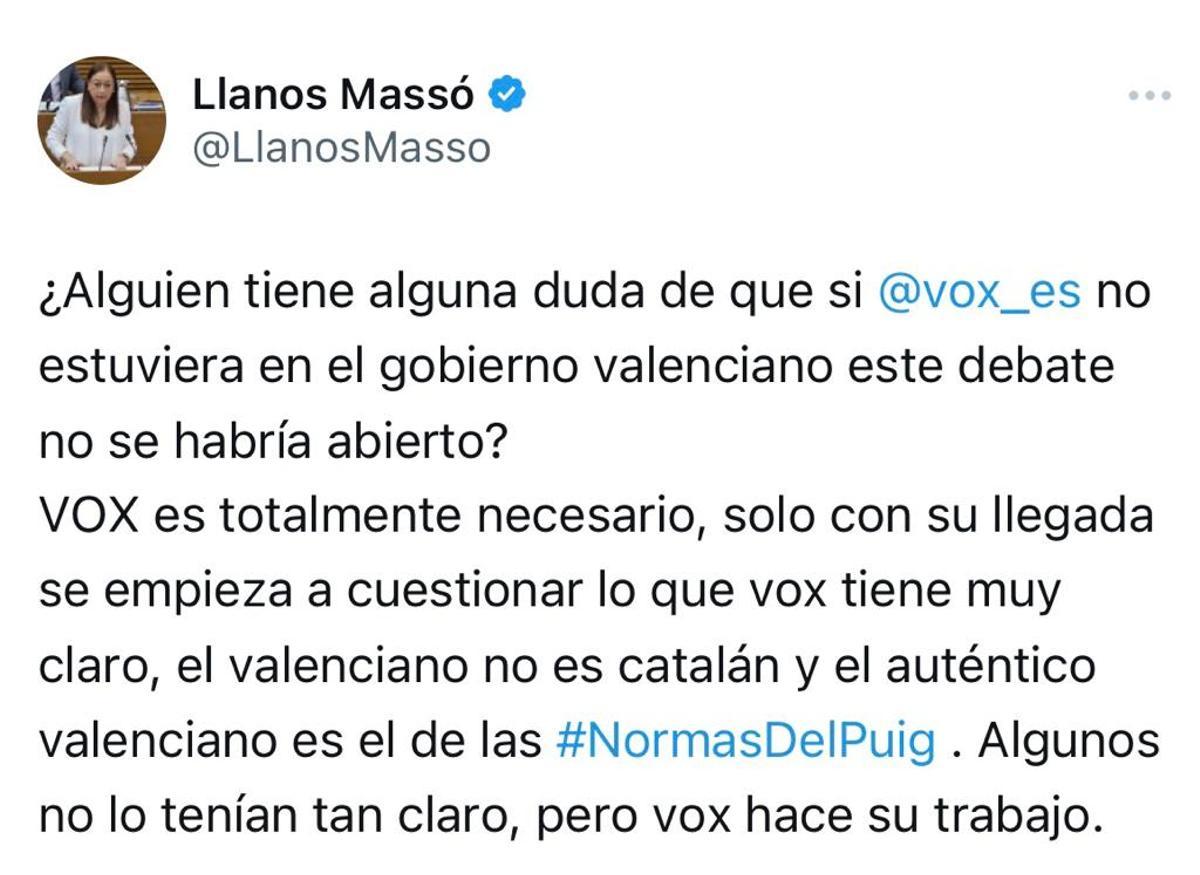El tuit escrito por la presidenta de las Corts Valencianes, Llanos Massó.