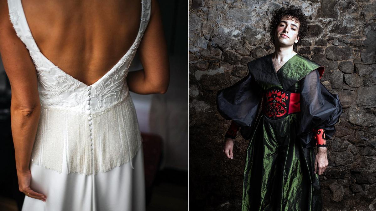 A la izquierda, detalle del diseño que Nicolás Costura le confeccionó a Carla Crespí, con fuerte inspiración en el traje de llanisca. A la derecha, diseño de  Constantino  Menéndez,  expuesto en la muestra "Raíces", en el Museo  del Traje.