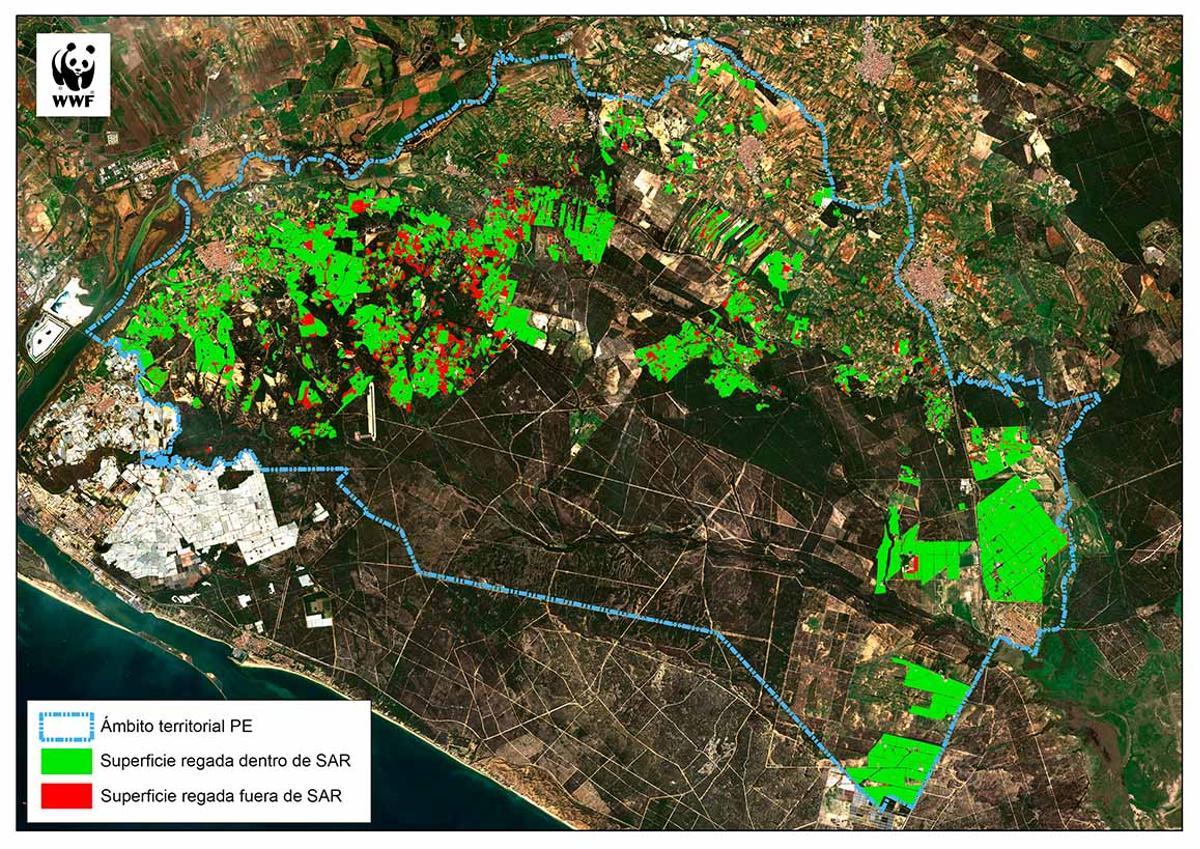 Mapa las fincas de regadío en Doñana fuera de superficie agrícola regable.