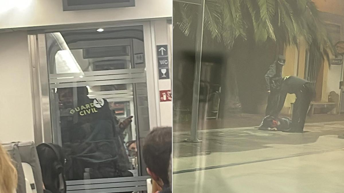 A la izquierda, la Guardia Civil en el tren; y, a la derecha, con el joven en el andén de Oropesa.